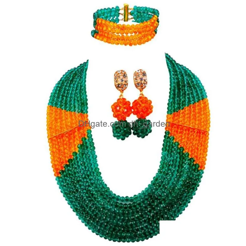 necklace earrings set fashion army green orange crystal beaded nigerian wedding african beads jewelry for women 8lbjz01