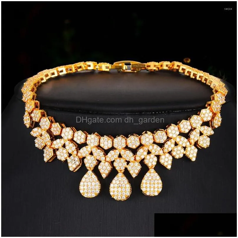 necklace earrings set godki fashion 4pcs luxury geometric dubai gold color jewelry for women wedding cubic zircon cz african bridal