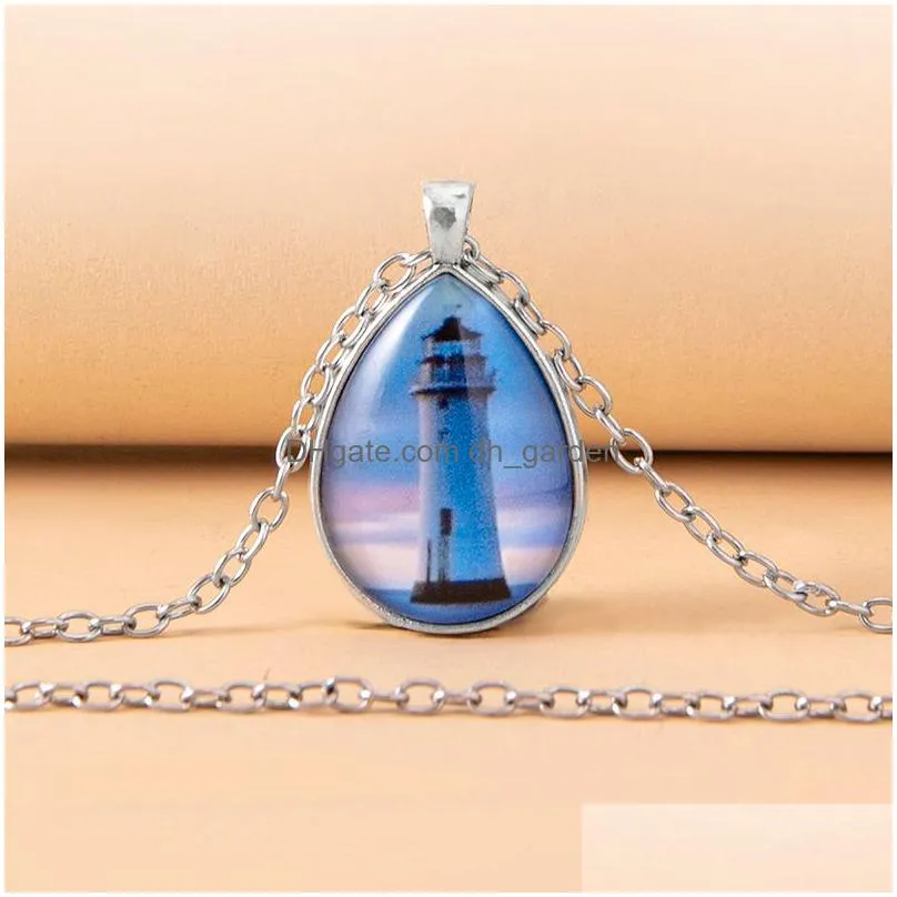 pendant necklaces fashion lighthouse water drop necklace vintage tower teardrop glass for women jewelry accessories
