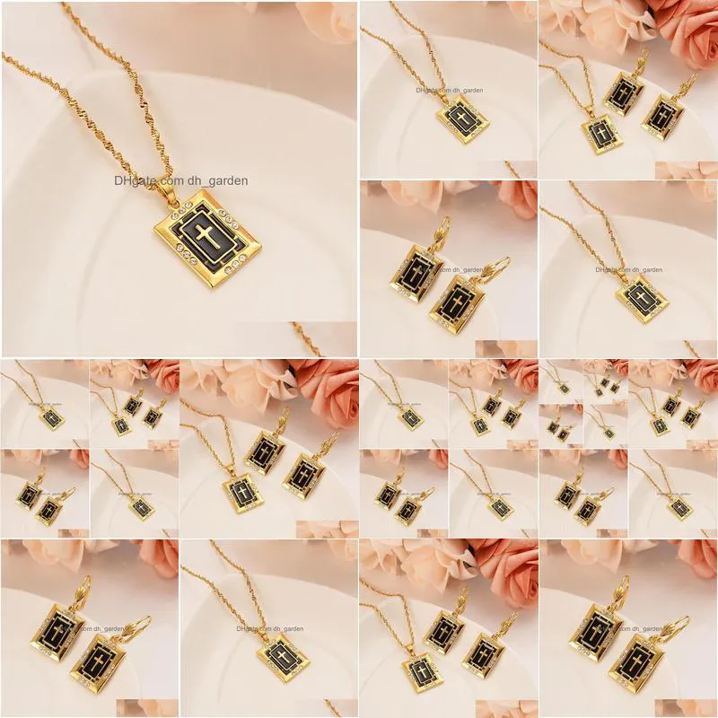 necklace earrings set black cross gold color catholic religious wedding bridal jewelry christmas birthday gift for women