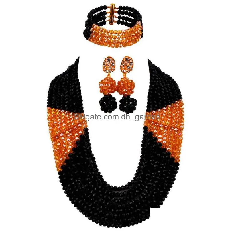 necklace earrings set fashion army green orange crystal beaded nigerian wedding african beads jewelry for women 8lbjz01