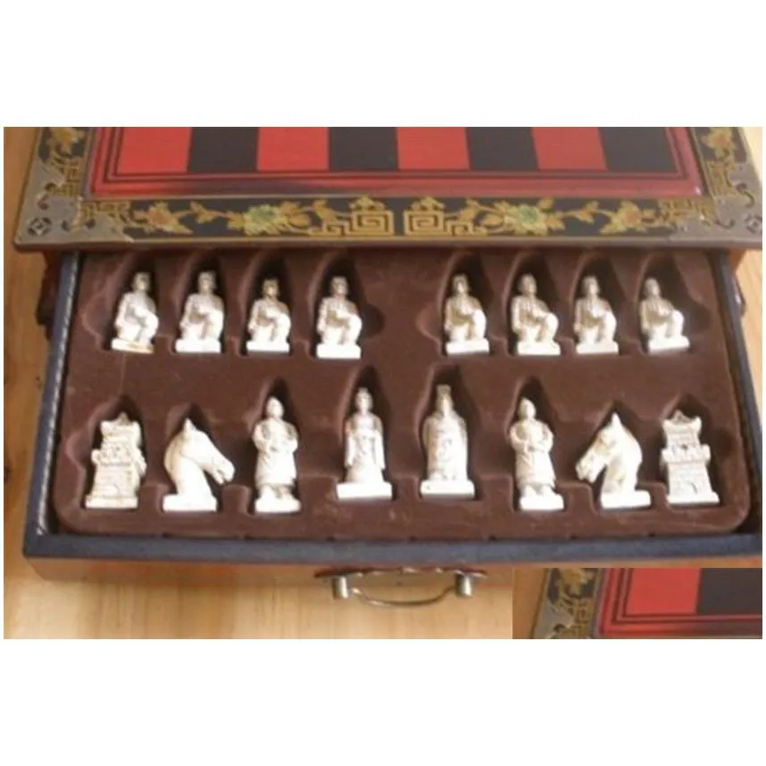 whole cheap chinese 32 pieces chess set leather wood box flower bird table1876801