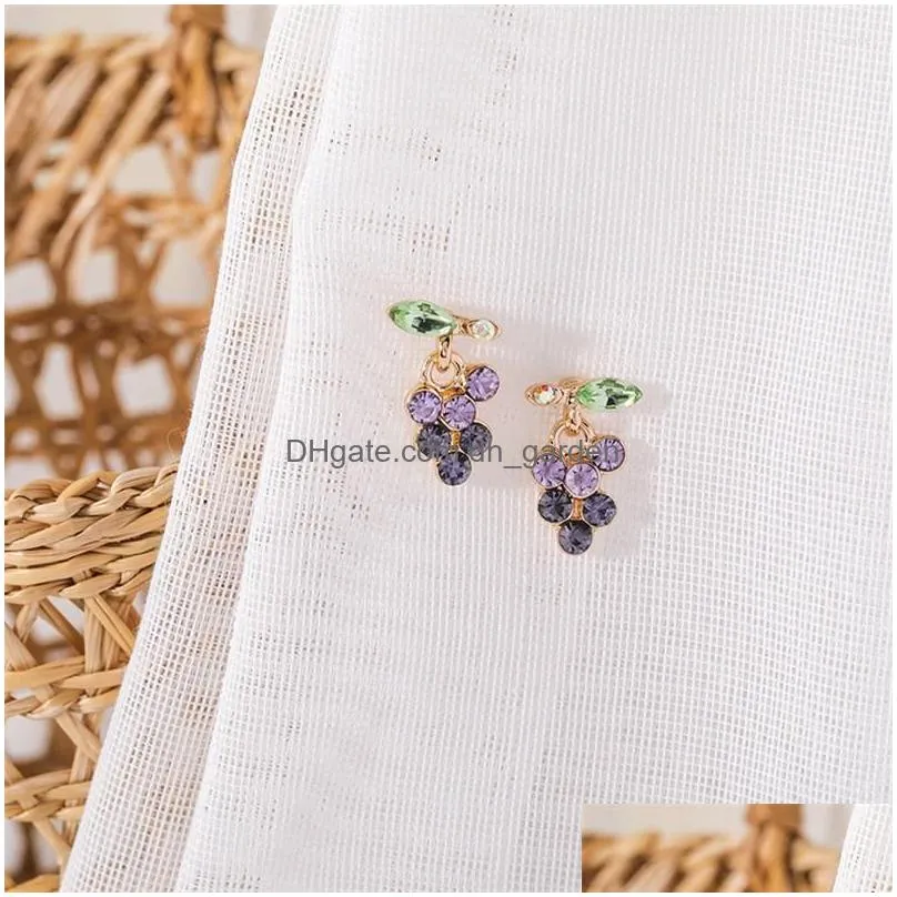 stud earrings 2023 product korean small and simple purple gradient crystal grape cute women`s elegant wild fruit jewelry