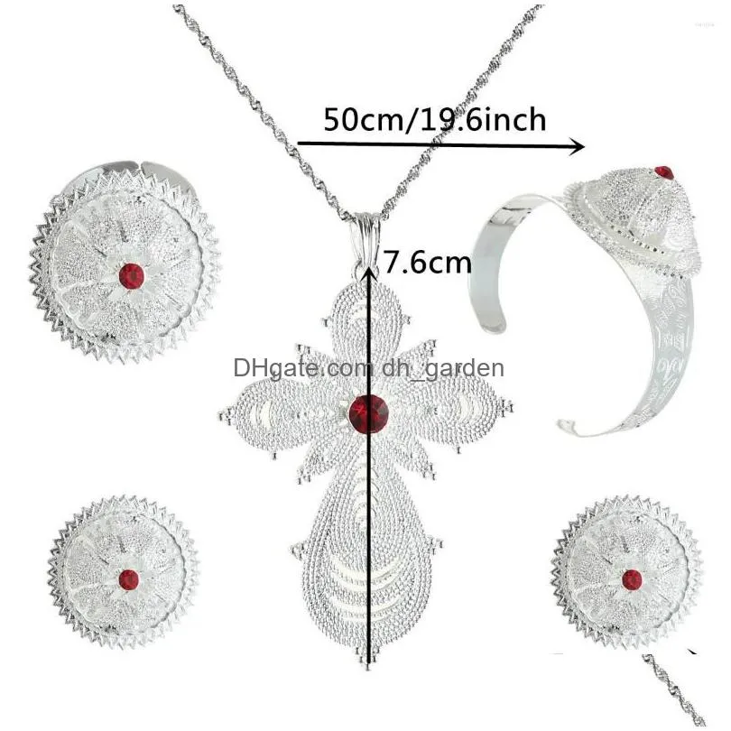 necklace earrings set 4pcs/lot silver plated zircon eritrea africa ring stud cross chain ethnic ethiopian women bridal