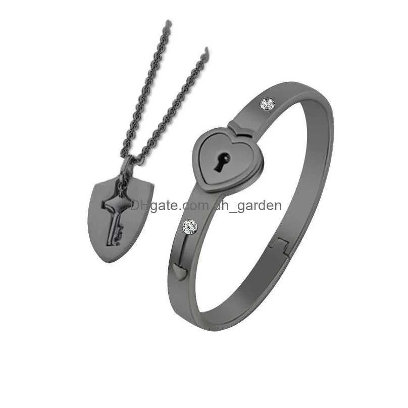 necklace earrings set fashion concentric lock key titanium steel stainless jewelry bracelet couple sets