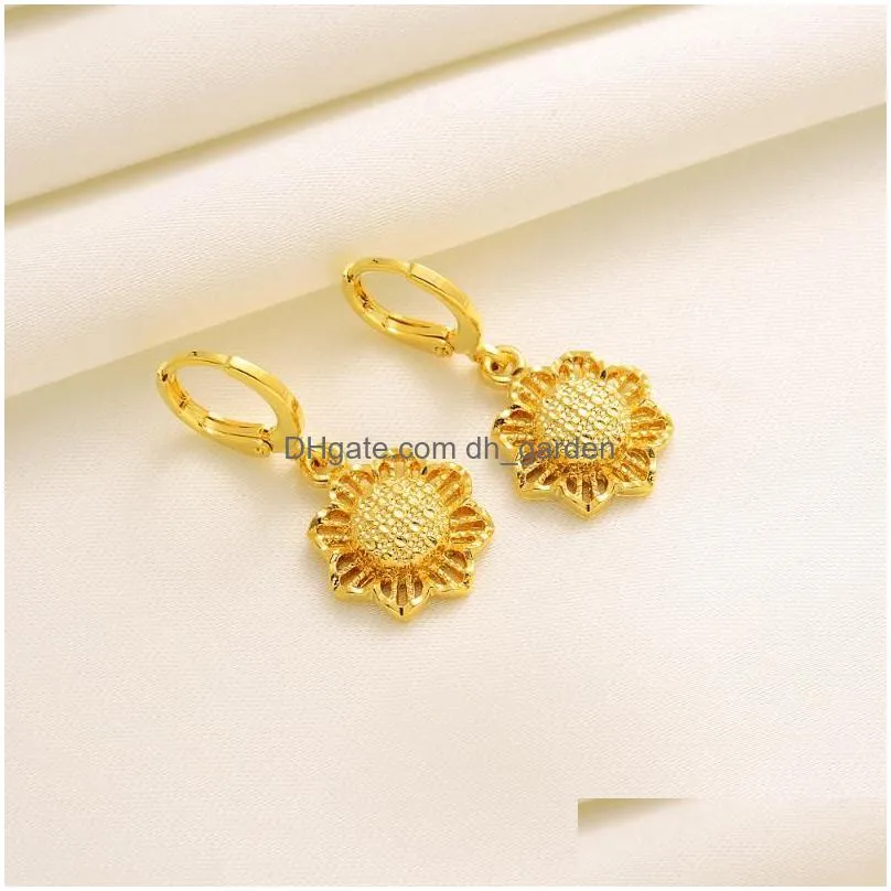 earrings & necklace 24k gold simple sun flower fashion earring trendy women men golden charm pendant chain lucky jewelry setsearrings