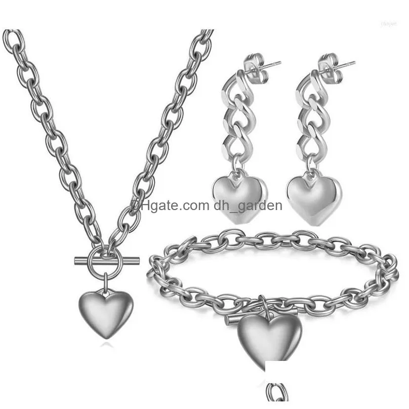 necklace earrings set 316l stainless steel elegant to buckle peach heart love pendant thick chain bracelet earring women`s jewelry