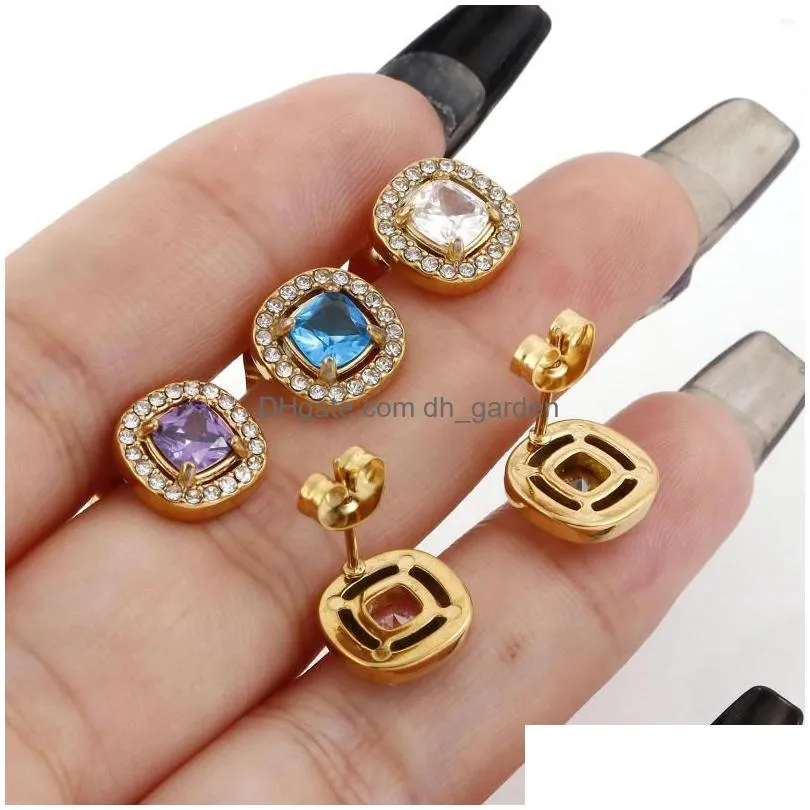 stud earrings 1 pair 304 stainless steel birthstone ear post gold plated square micro pave 10mm x post/ wire size:20 gauge