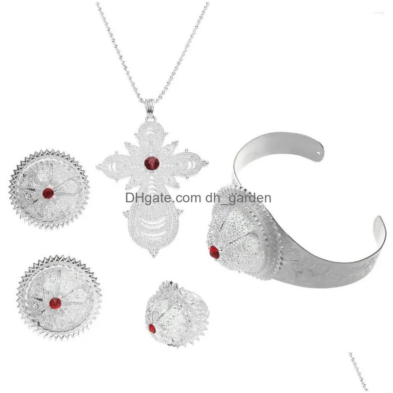 necklace earrings set 4pcs/lot silver plated zircon eritrea africa ring stud cross chain ethnic ethiopian women bridal