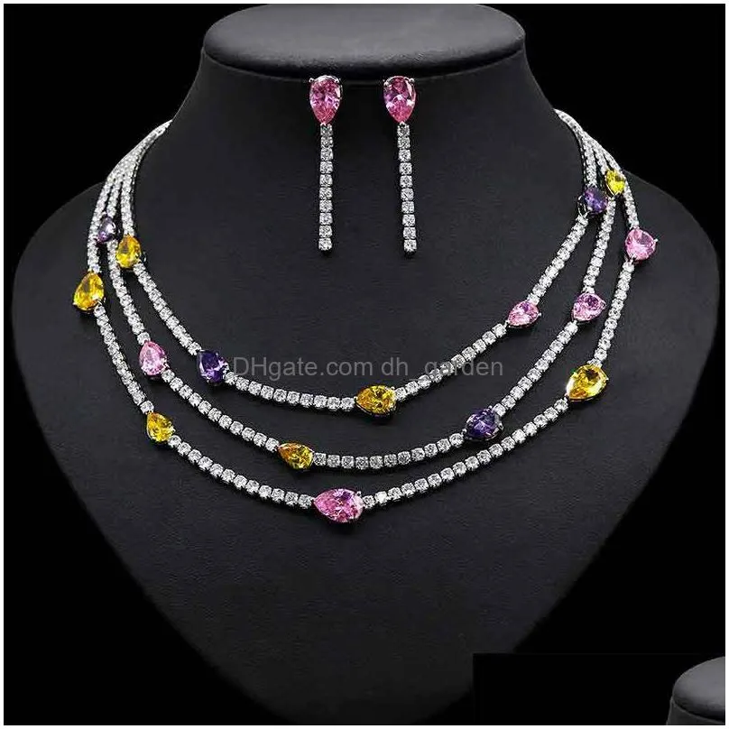 necklace earrings set korean style three layers choker luxury cz teardrop statement bridal wedding jewelry