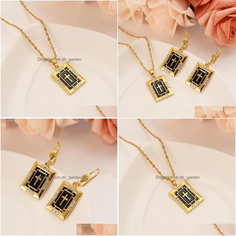 necklace earrings set black cross gold color catholic religious wedding bridal jewelry christmas birthday gift for women