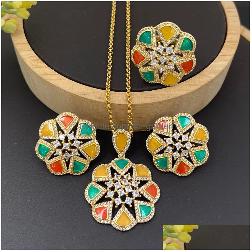 necklace earrings set lanyika fashion jewelry artistic snowflake drip oil zirconia inlay with earring and ring for women party gift