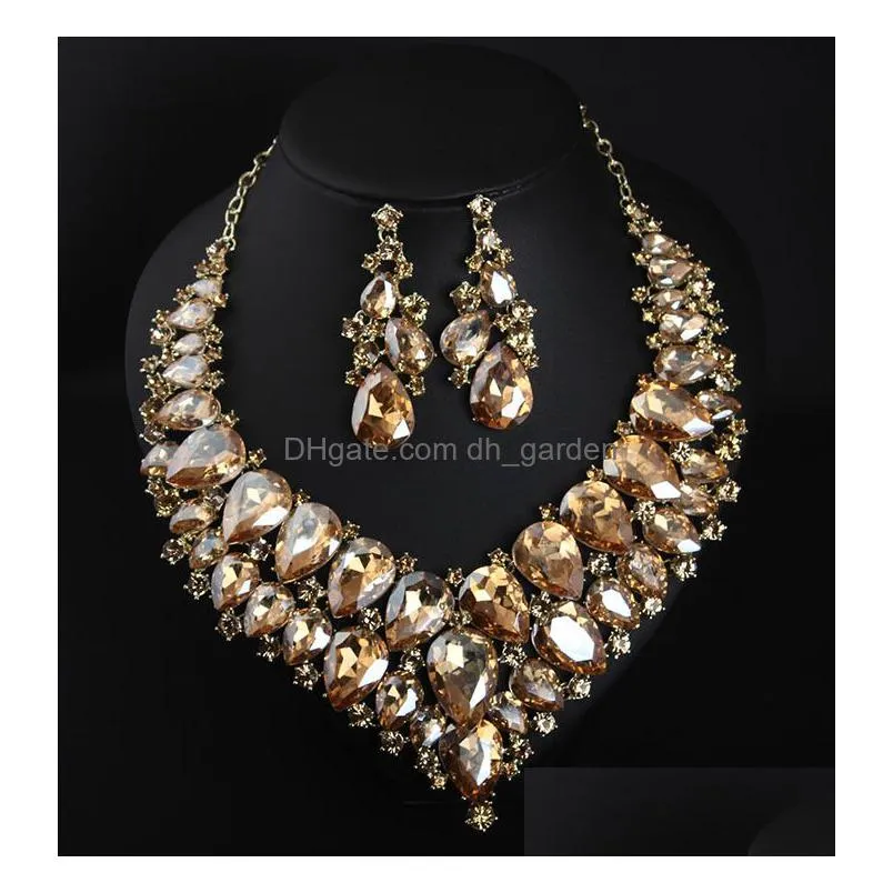 necklace earrings set big luxury green water drop crystal for women bridal dubai african women`s jewellery gift