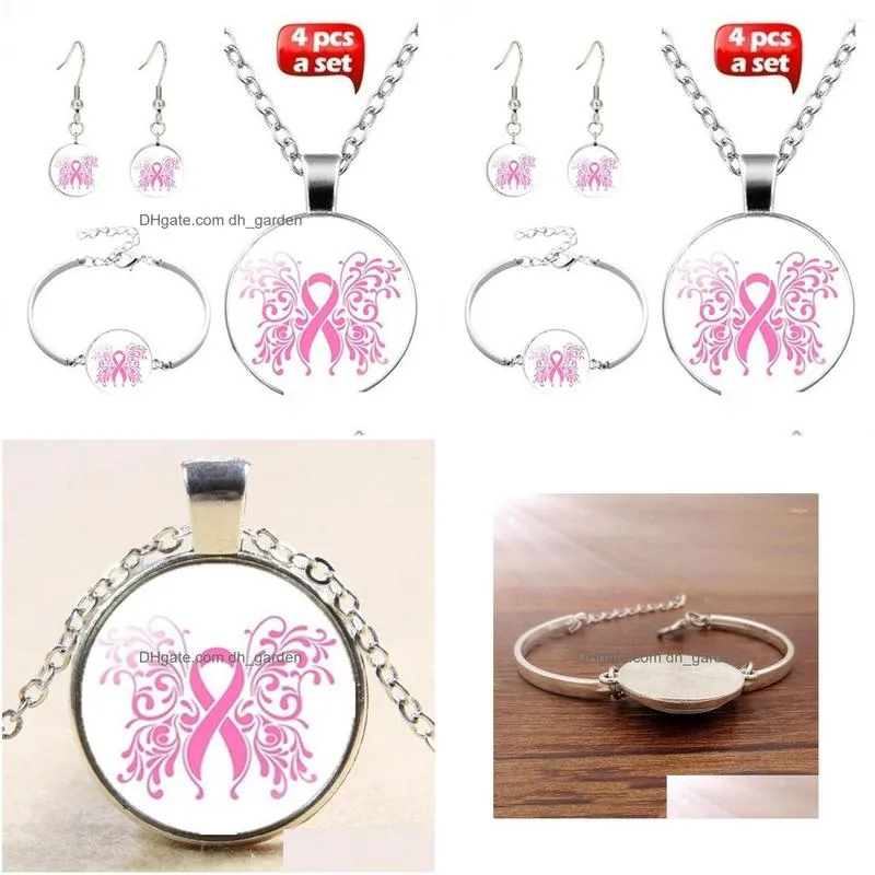 necklace earrings set pink breast cancer awareness po glass convex female jewelry tibet silver chain earring bracelet