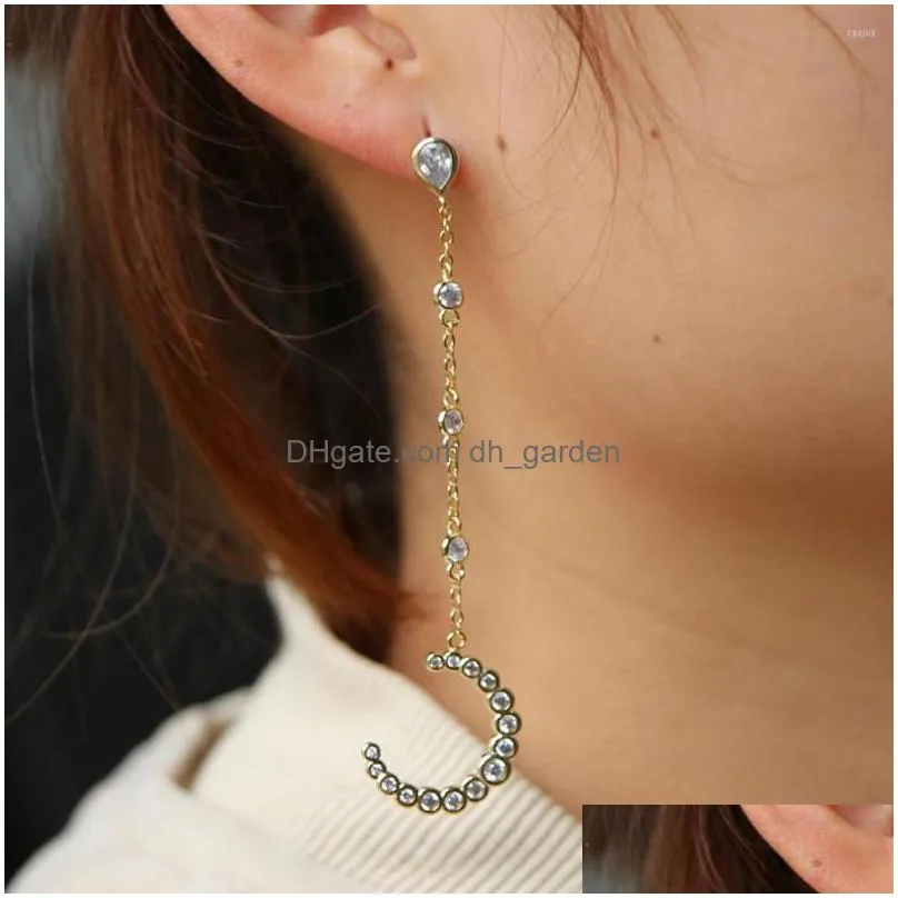 stud earrings 3 colors cubic zirconia cz crescent moon horn pendant charm bezel long chain tassel stunning fashion earring