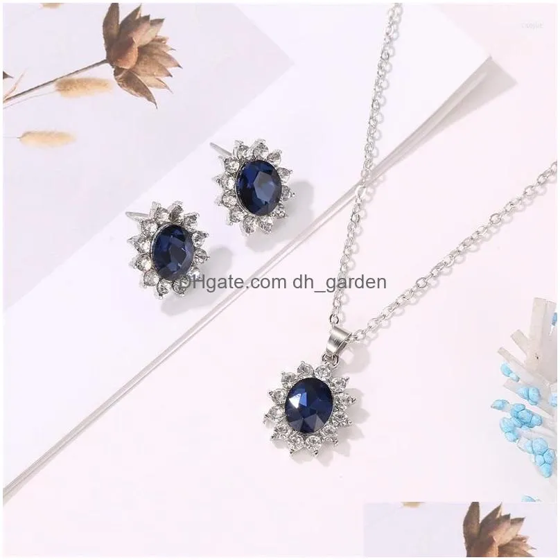 necklace earrings set queen royal ocean blue white crystal rhinestones zircon pendant chain