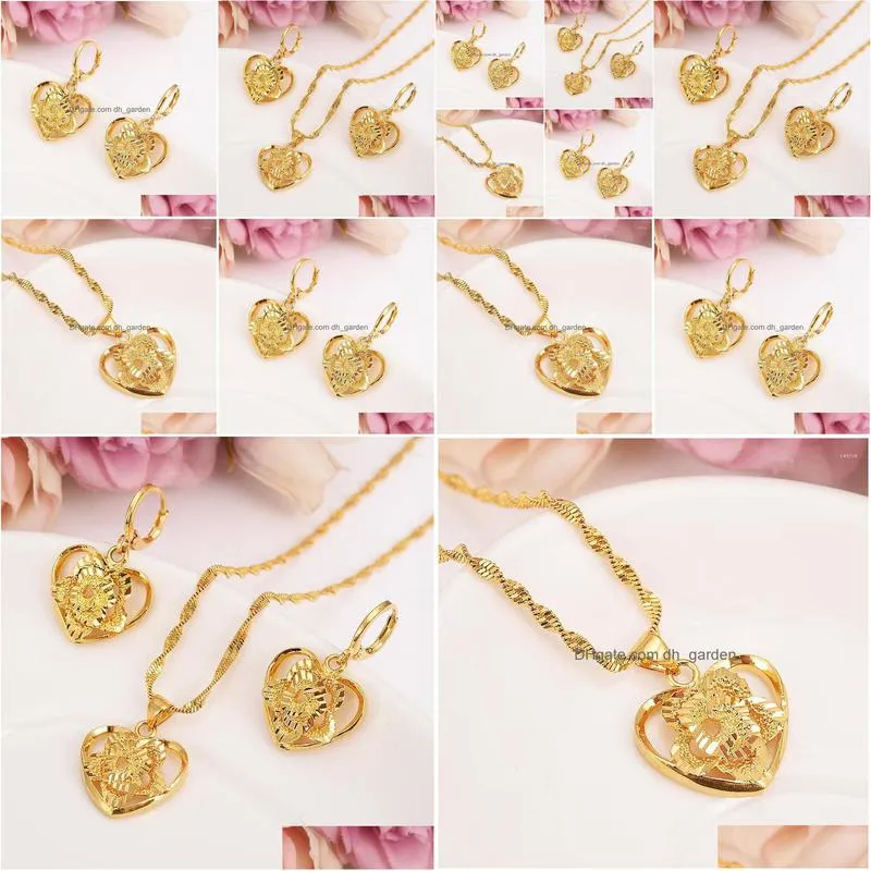 necklace earrings set 18 k fine solid gold gf outline border heart flower europe women bridals wedding jewelry gift dubai pendnat