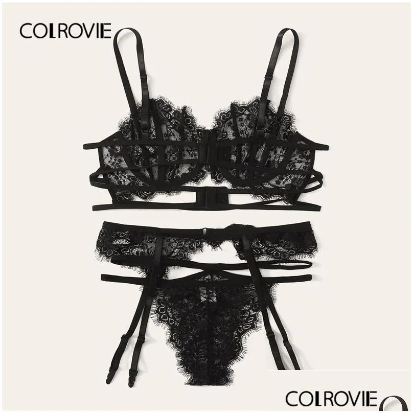 colrovie floral lace sheer garter lingerie set women black intimates 2019 sexy sets floral bra and thongs ladies bra set lj201211