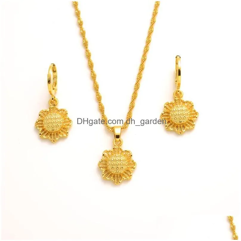 earrings & necklace 24k gold simple sun flower fashion earring trendy women men golden charm pendant chain lucky jewelry setsearrings