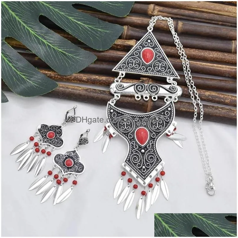 necklace earrings set fashion silver color jewelry vintage stone necklaces earring african for women bohemian gypsy party