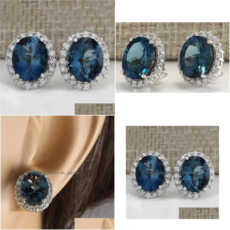 stud delicate blue round sapphire earring for women 925 full paved shiny cz stone beauty gift statement earrings jewelrystud