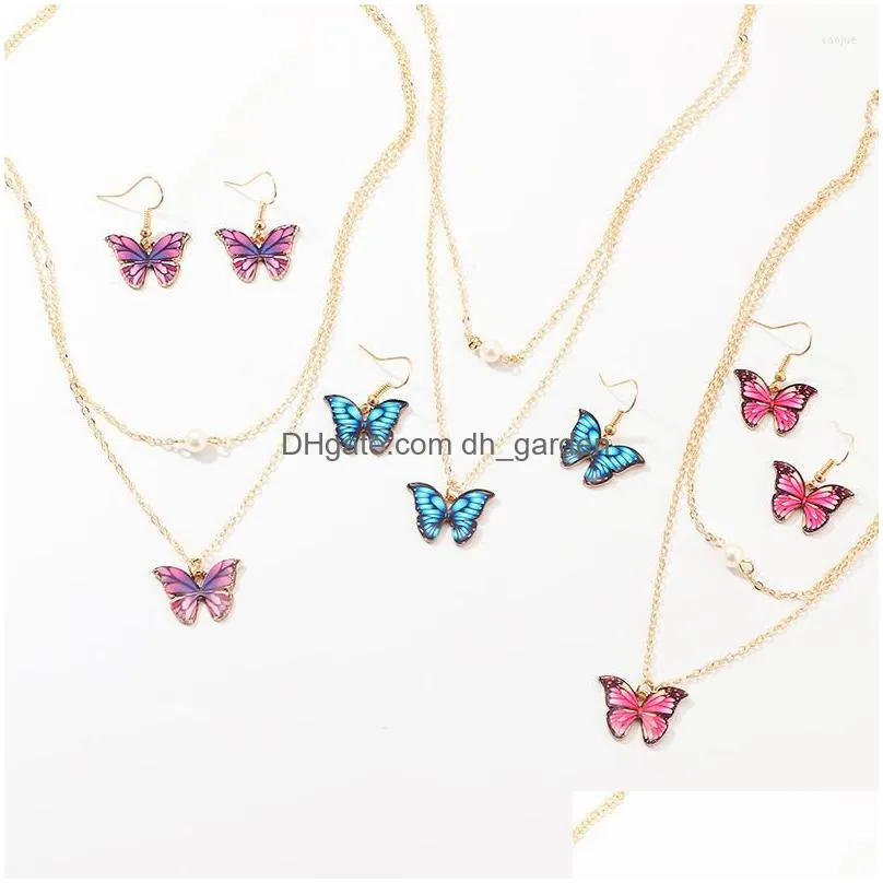 necklace earrings set fashion butterfly pendant necklaces jewellery colorful pearl bridal jewelry for womens girls wedding