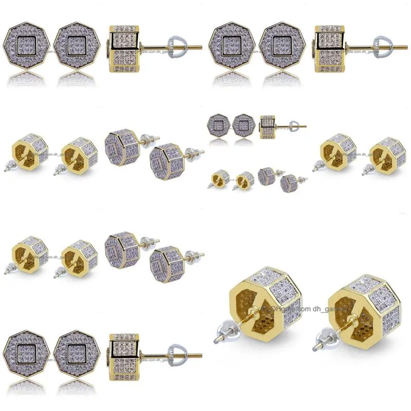 stud earrings gucy hip hop gold color all iced out micro pave cubic zircon geometric with screw back men women earring gifts