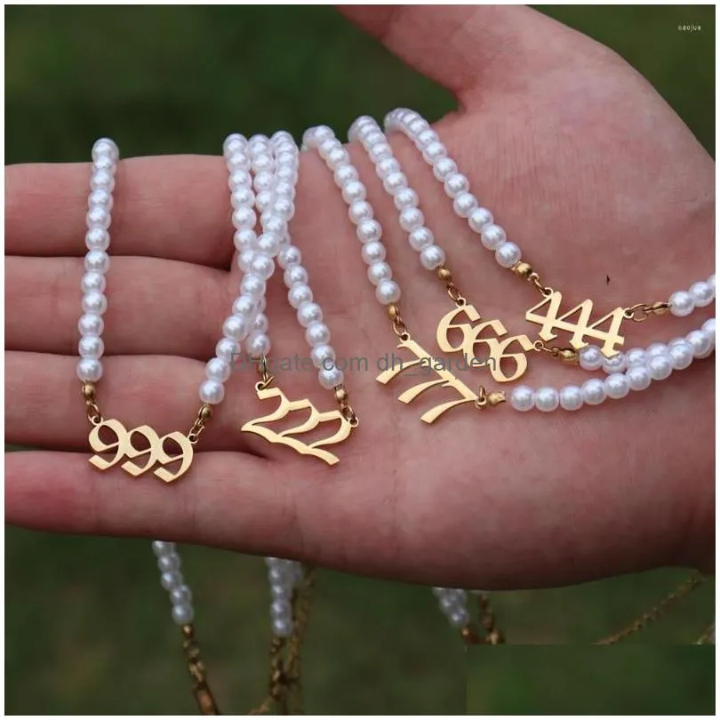 chains 10 pcs simulated pearl clavicle necklaces for women girl angel number 444 888 999 666 numerology jewelry devil necklace