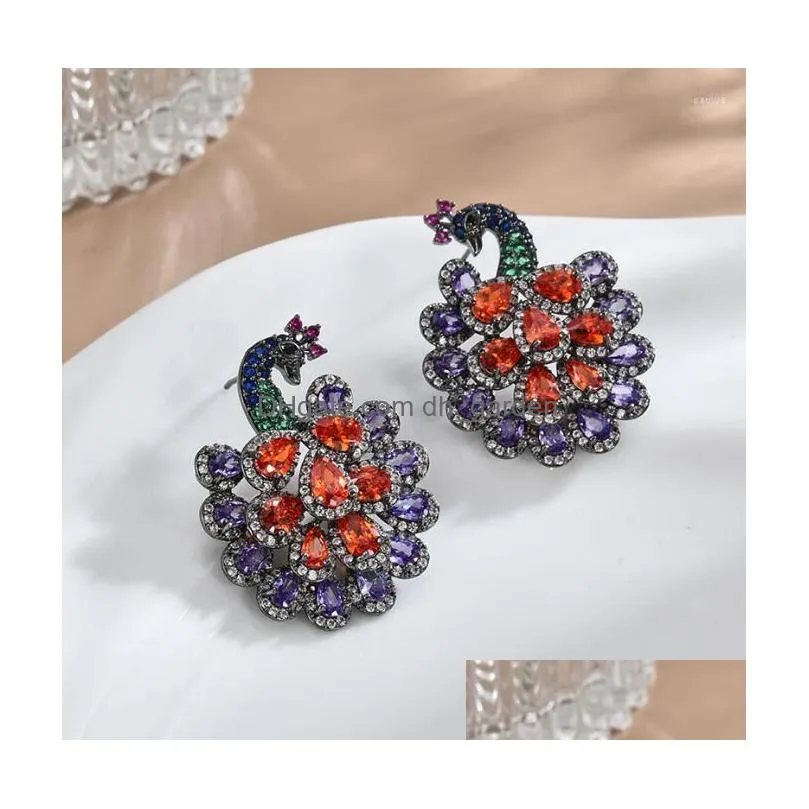 stud earrings retro fashion luxury zircon colorful peacock personality trend animals women jewelry