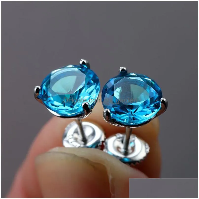 stud prong round aquamarine screw back earrings for women 925 sterling silver birthstone jewelry blue crystal zircon earringsstud