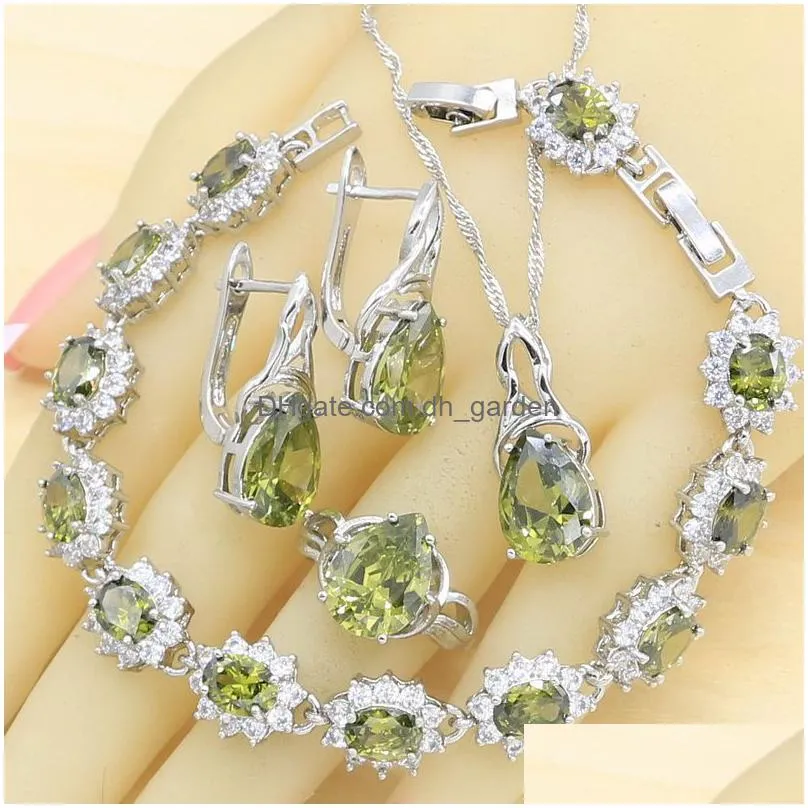 necklace earrings set olive green zircon silver color wedding women with bracelet pendant hoop ring gift box