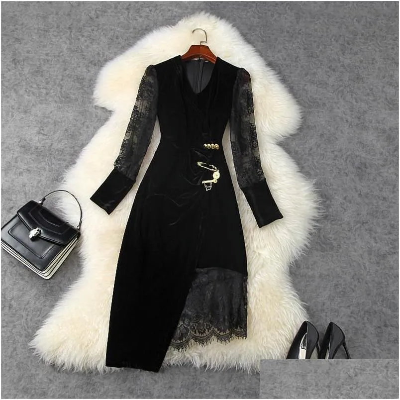 casual dresses elegant lady vestidos 2021 fashion runway designers long sleeve lacework sexy party black velvet dress women