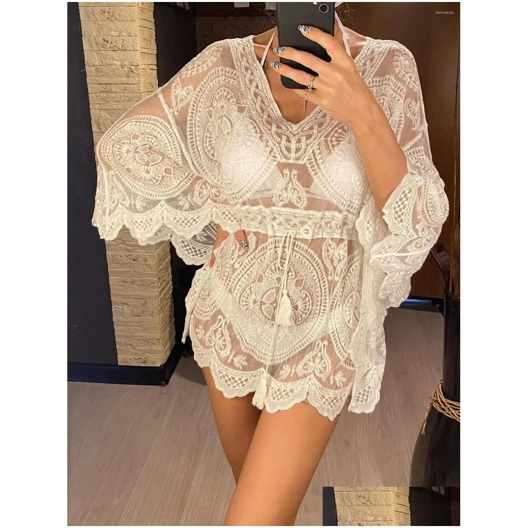 womens swimwear 2023 sexy lace see through long sleeve tunic beach cover up cover-ups dress wear beachwear female women v4528