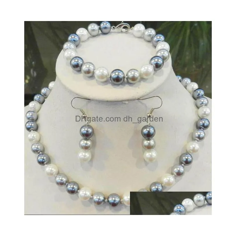 necklace earrings set women jewelry 8-12mm round bead gray colors mixed real natural south sea shell pearl dangle hook earring