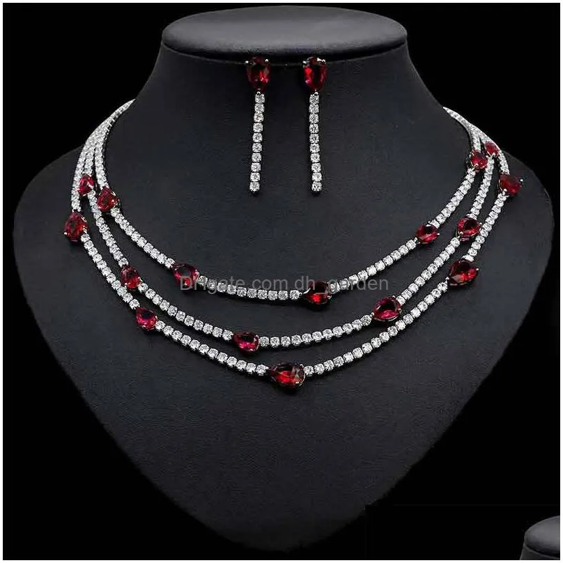 necklace earrings set korean style three layers choker luxury cz teardrop statement bridal wedding jewelry