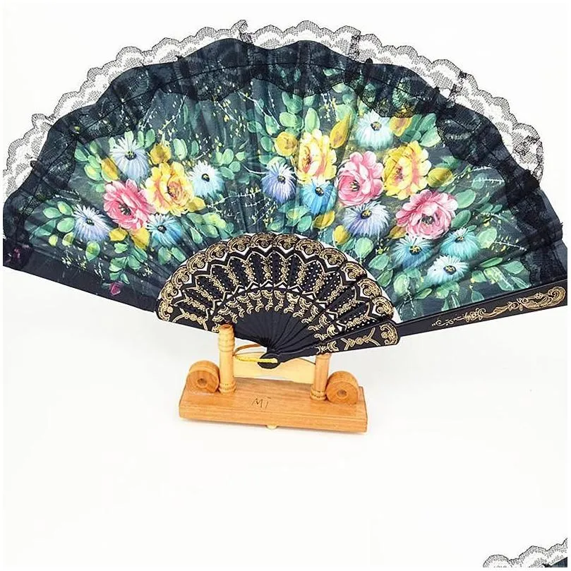 high-end floral folding hand fan flowers pattern lace fan for wedding dancing church party gifts party favor craft spanish flower fans