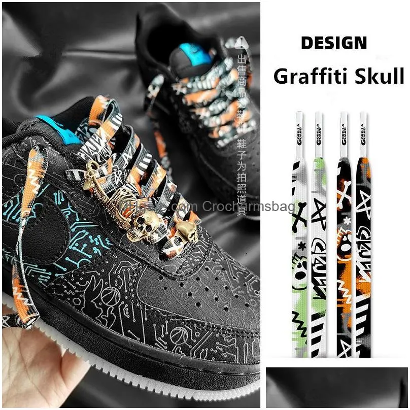 Shoe Parts Accessories Design Graffiti Skull Printing Shoelace Men Trend Personality Sport Casual Hightop Flat Canvas Shoes Laces Dropship