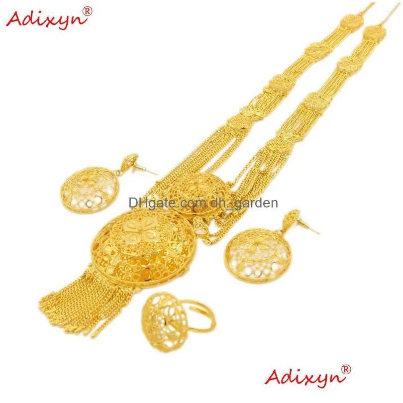 necklace earrings set adixyn dubai 60cm chain/earrings/ring jewelry 24k gold color india african nigeria bridal wedding gifts n121013