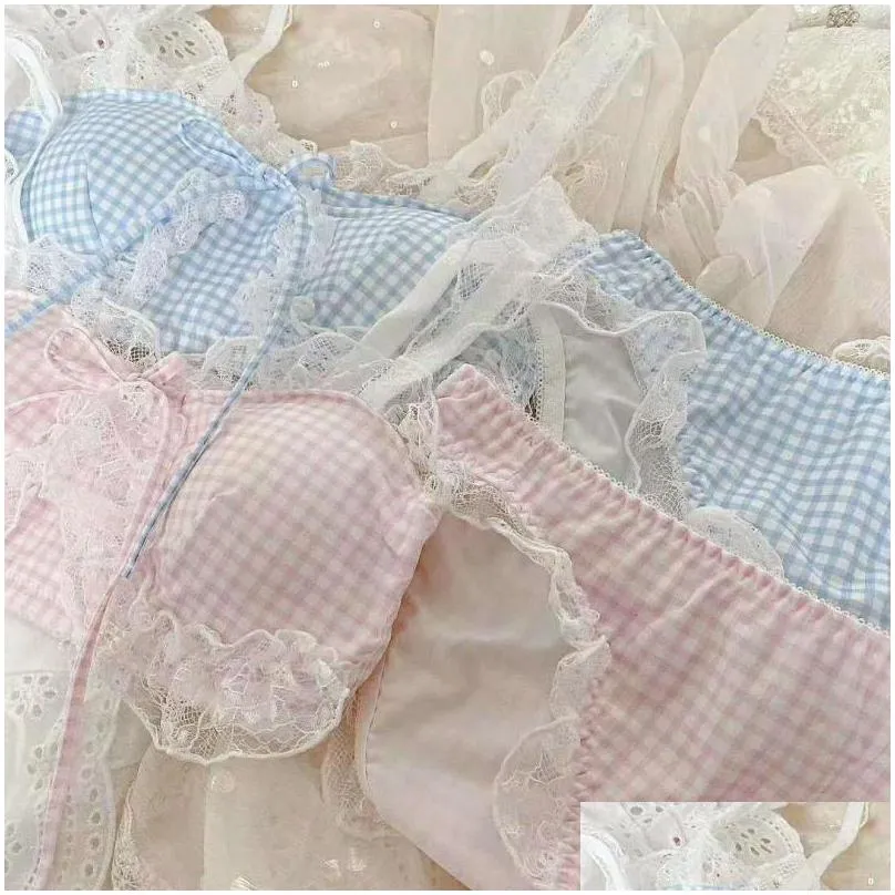 bustiers corsets womens lingerie japanese cute cotton plaid bralette set lace underwear women lolita girl teens wire thin bra