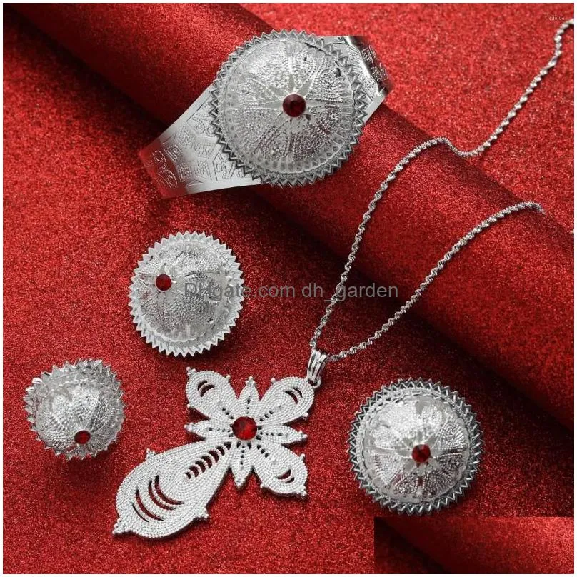 necklace earrings set 4pcs/lot silver plated zircon eritrea africa ring stud cross chain ethnic ethiopian women bridal