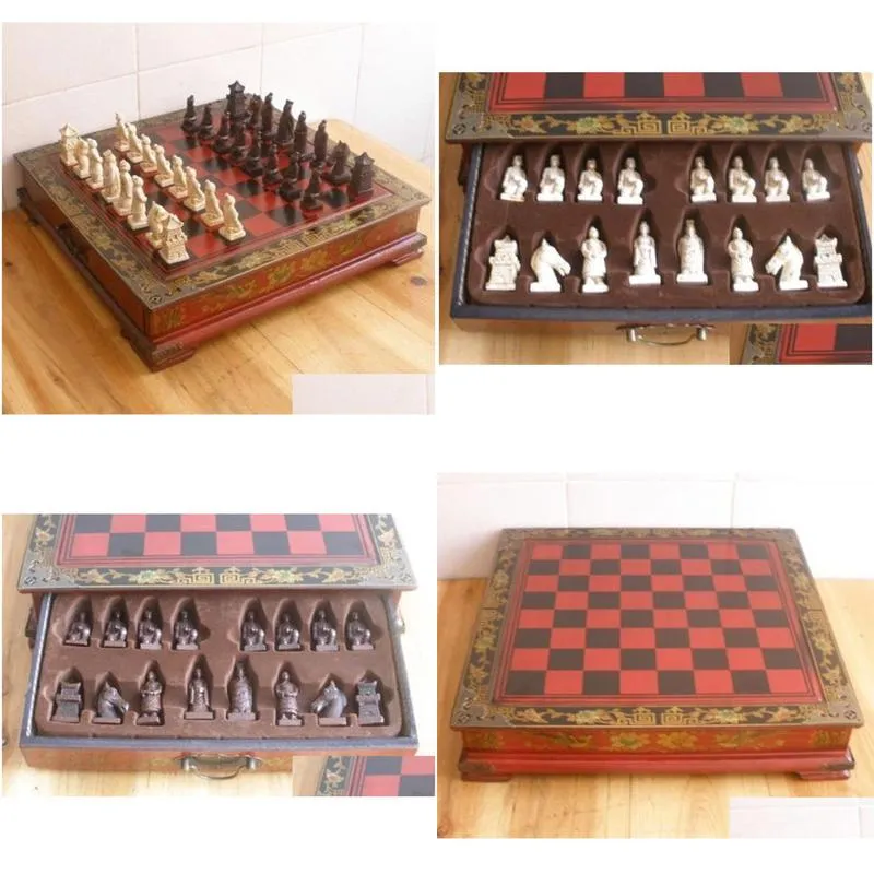 whole cheap chinese 32 pieces chess set leather wood box flower bird table1876801