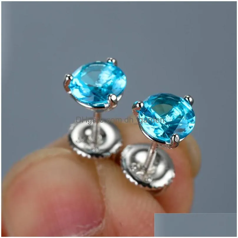 stud prong round aquamarine screw back earrings for women 925 sterling silver birthstone jewelry blue crystal zircon earringsstud