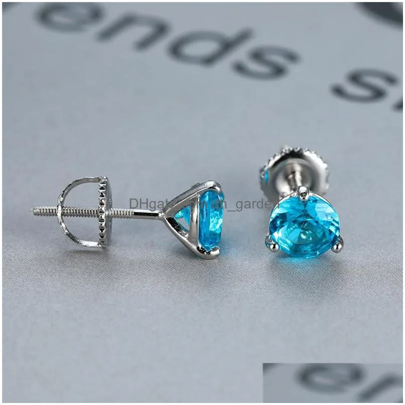 stud prong round aquamarine screw back earrings for women 925 sterling silver birthstone jewelry blue crystal zircon earringsstud