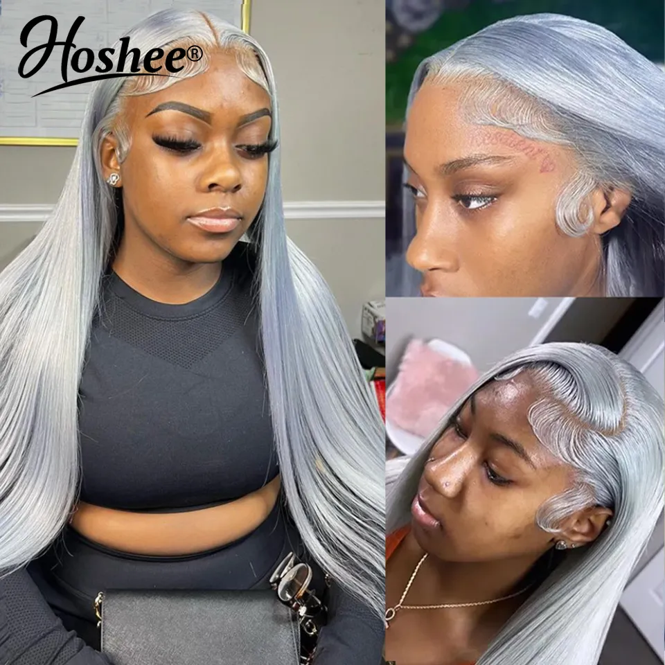 13x4 Straight Silver Grey Human Hair Wigs For Women Gray Transparent HD Lace Frontal Wig Glueless Colored Synthetic Wig Preplucked