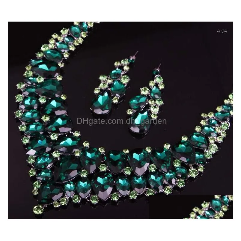 necklace earrings set big luxury green water drop crystal for women bridal dubai african women`s jewellery gift