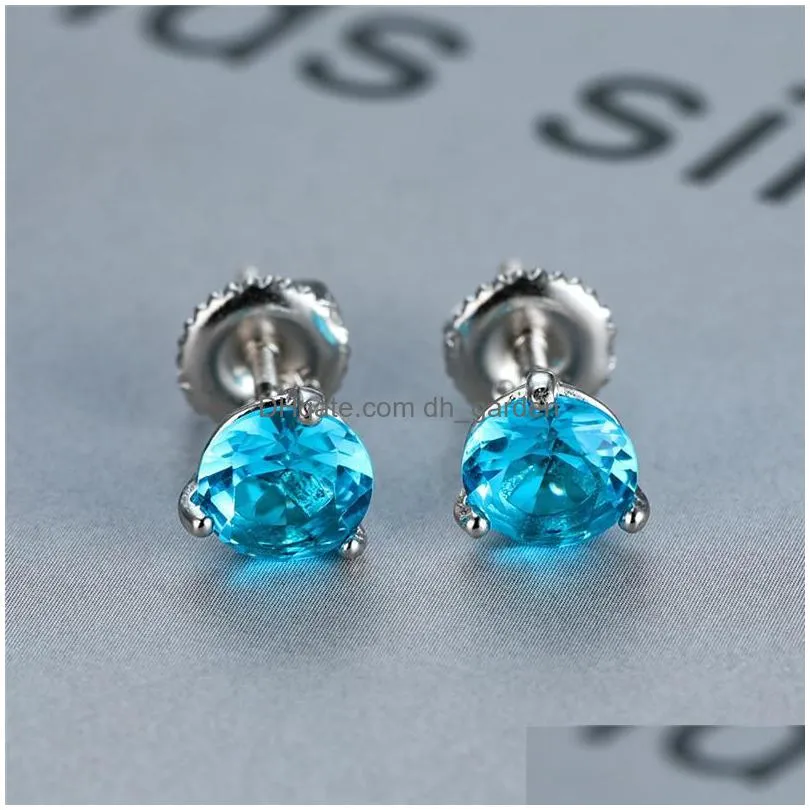 stud prong round aquamarine screw back earrings for women 925 sterling silver birthstone jewelry blue crystal zircon earringsstud