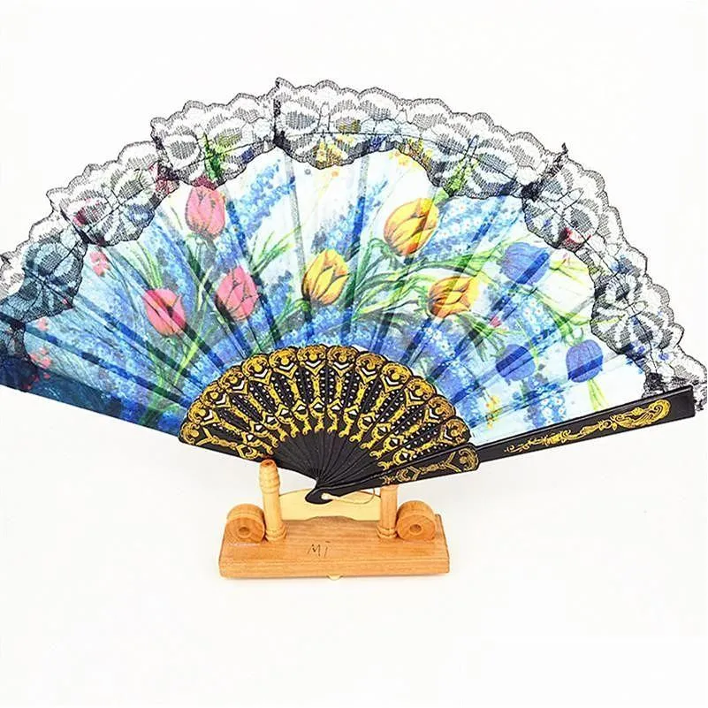 high-end floral folding hand fan flowers pattern lace fan for wedding dancing church party gifts party favor craft spanish flower fans