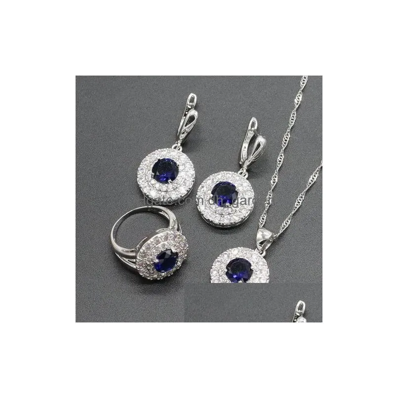 necklace earrings set 925 silver for women dark blue semi-precious pendant bracelet ring dangle