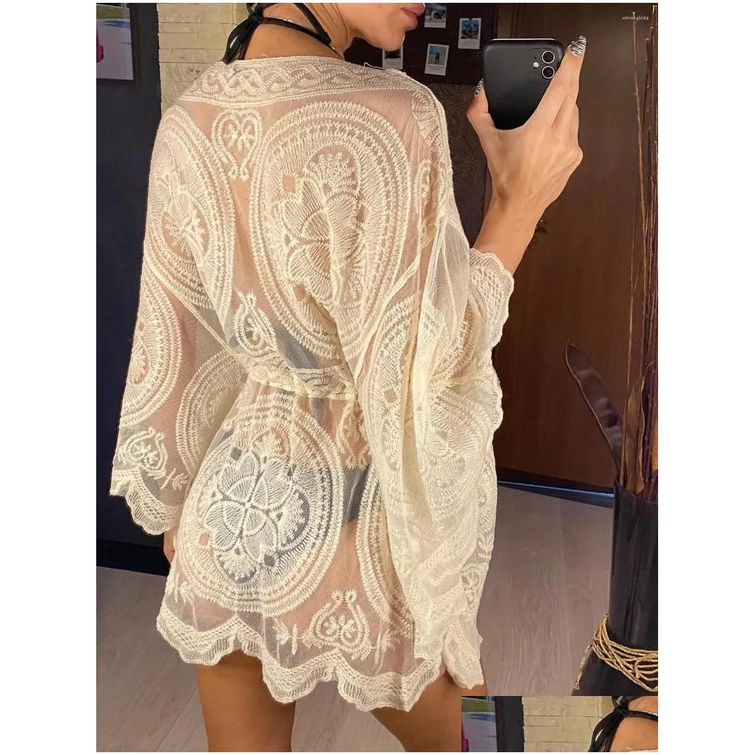 womens swimwear 2023 sexy lace see through long sleeve tunic beach cover up cover-ups dress wear beachwear female women v4528