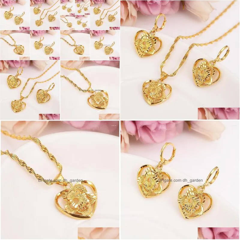 necklace earrings set 18 k fine solid gold gf outline border heart flower europe women bridals wedding jewelry gift dubai pendnat